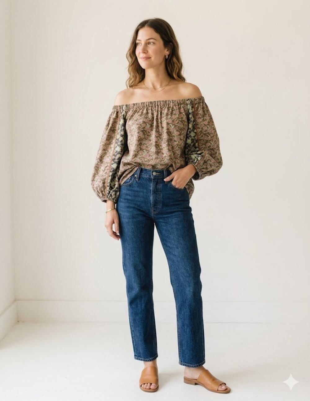 Anthropologie One September Floral Off the Shoulder Puff Sleeve Blouse Small